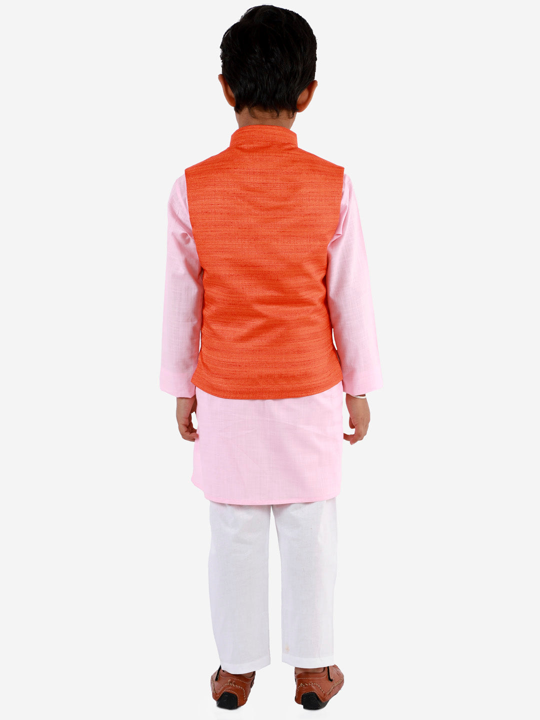 Vastramay Boys Orange, Pink And White Jacket, Kurta and Pyjama Set