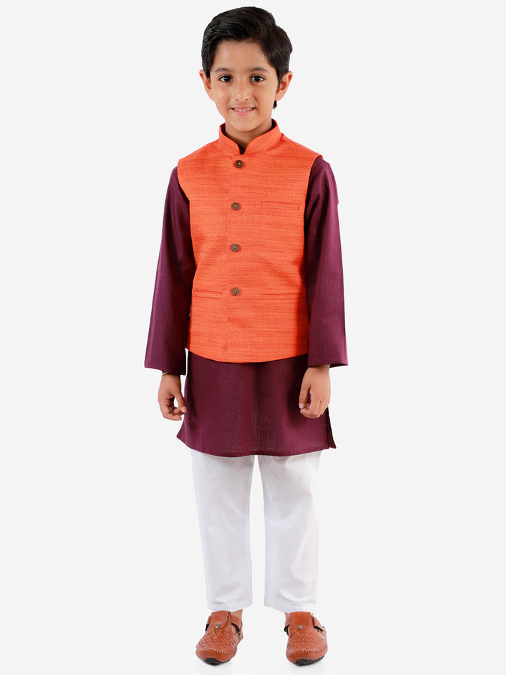 Vastramay Boys Orange, Purple And White Jacket, Kurta and Pyjama Set