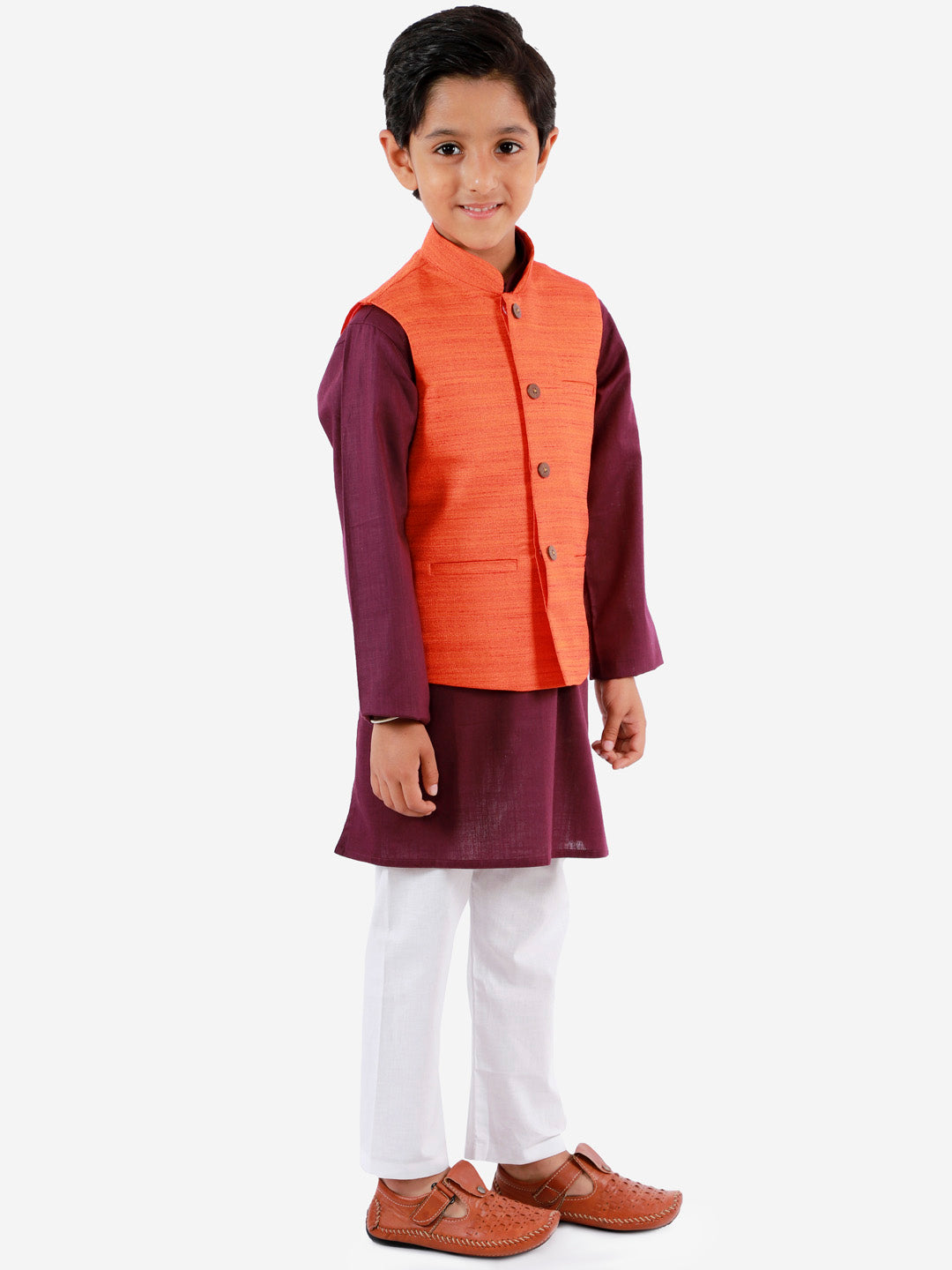 Vastramay Boys Orange, Purple And White Jacket, Kurta and Pyjama Set