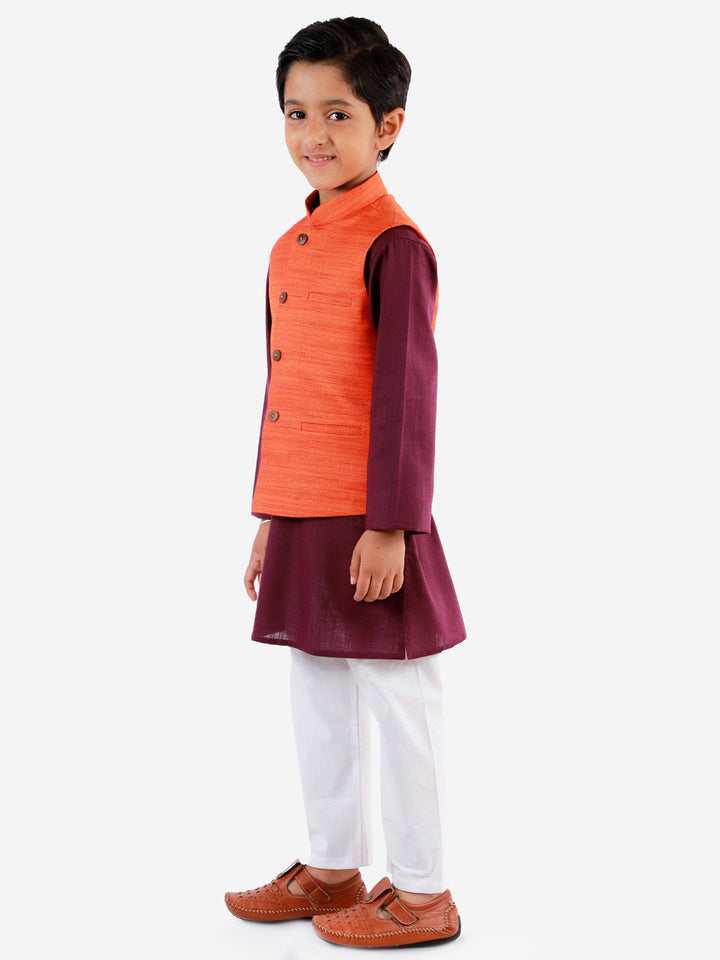 Vastramay Boys Orange, Purple And White Jacket, Kurta and Pyjama Set