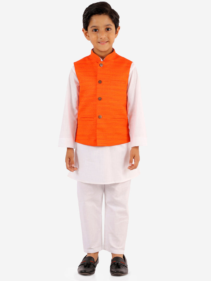 Vastramay Boys Orange And White Jacket, Kurta and Pyjama Set