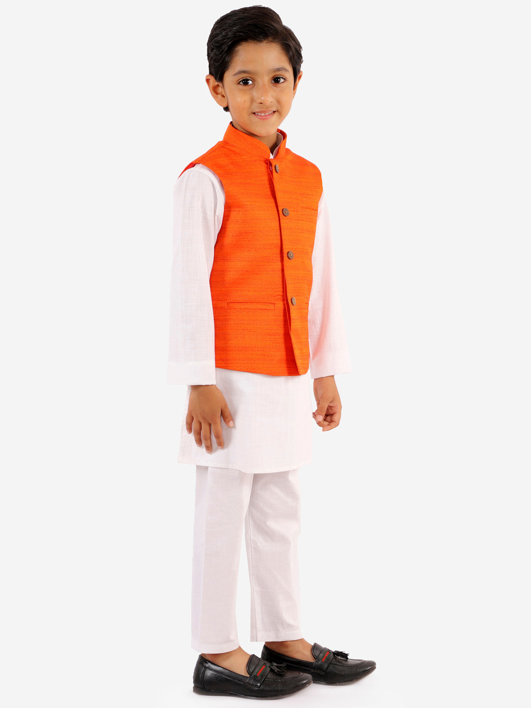 Vastramay Boys Orange And White Jacket, Kurta and Pyjama Set