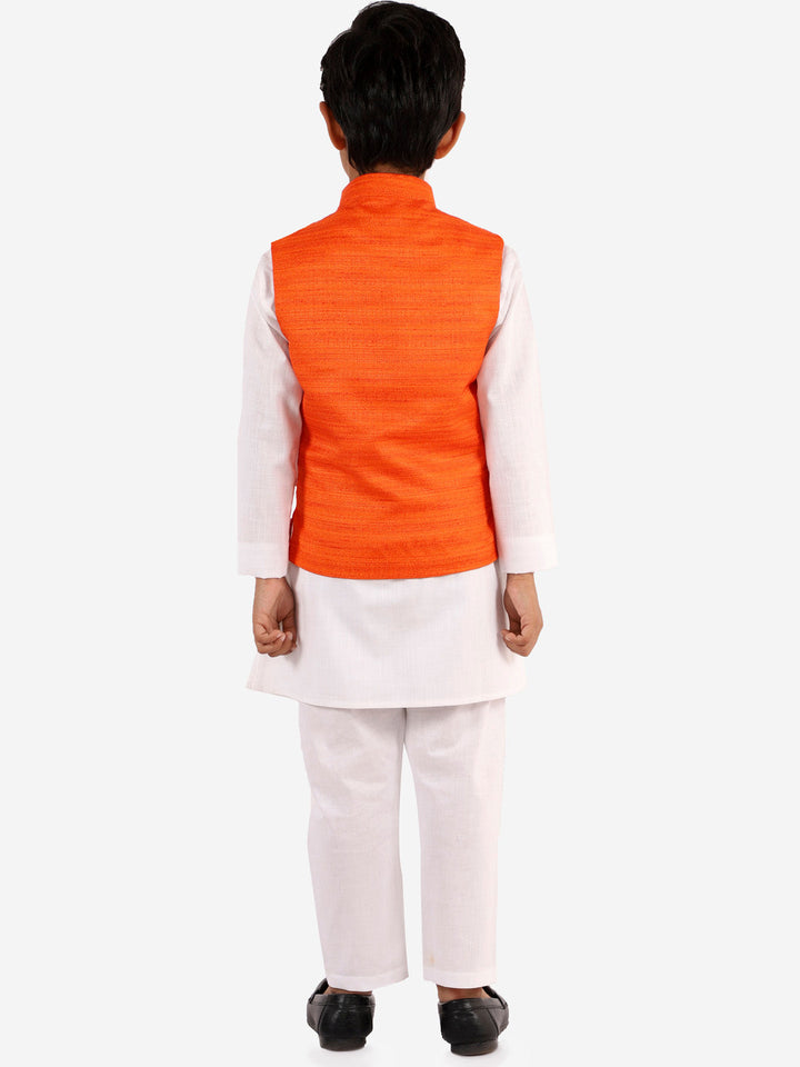 VASTRAMAY Orange Nehru Jacket And White Kurta Pyjama Baap Beta Set