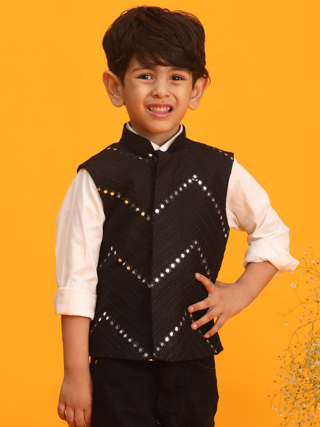 VASTRAMAY Boys' Black Mirror Work Ethnic Jacket