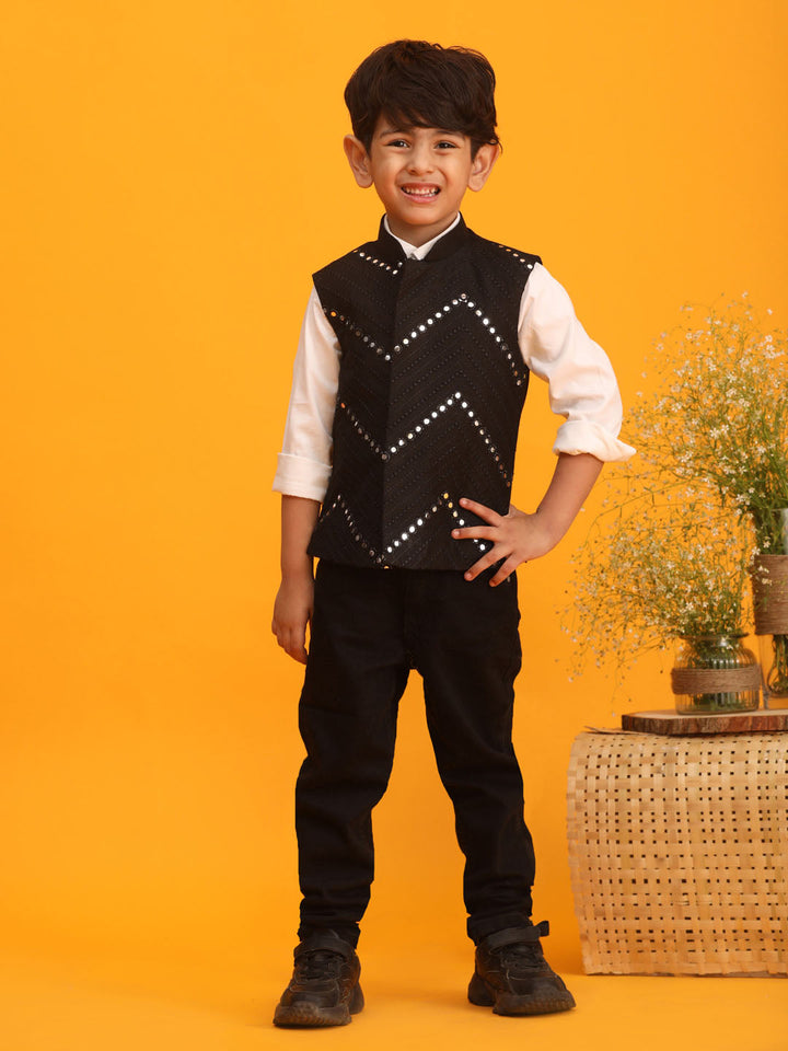 VASTRAMAY Boys' Black Mirror Work Ethnic Jacket