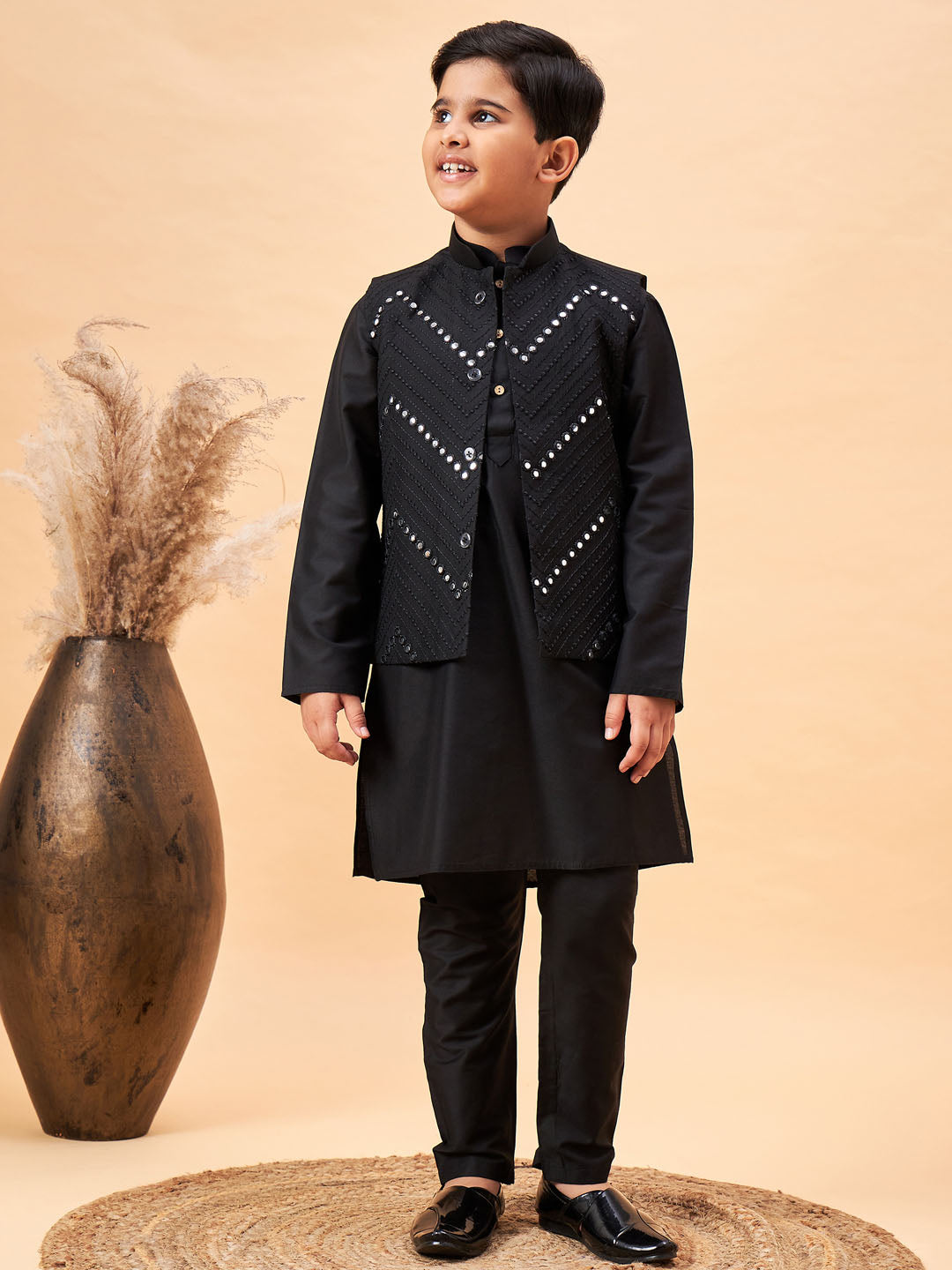 VASTRAMAY Boy's Black Mirror Work Jacket And Solid Kurta Pyjama Set