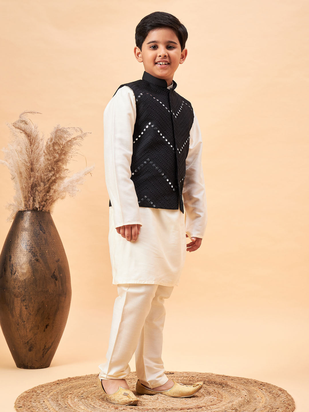 VASTRAMAY Boy's Black Mirror Work Jacket And Solid Kurta Pyjama Set