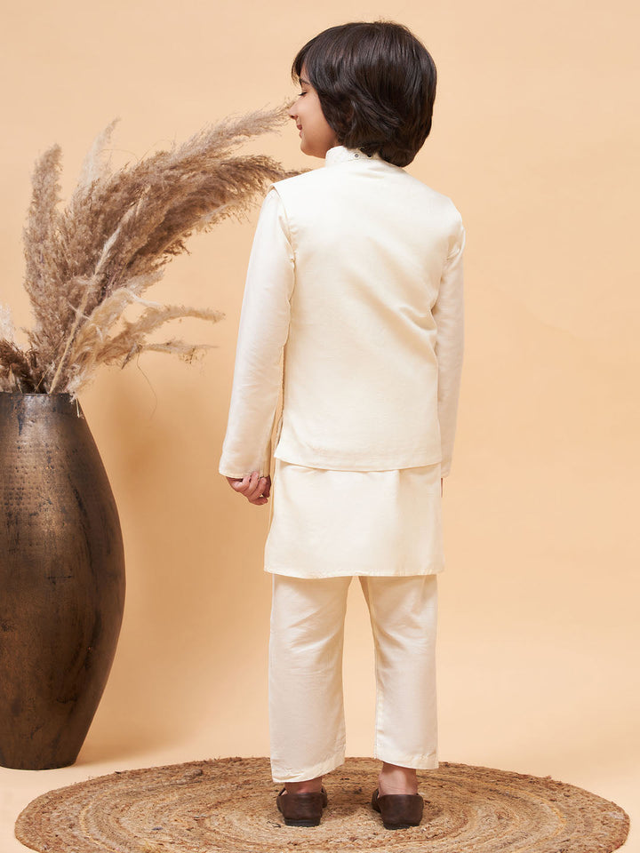 VASTRAMAY Cream Mirror Jacket With Cream Kurta and Pyjama Baap Beta Set