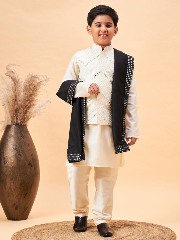 VASTRAMAY Boy's Cream Mirror Work Jacket And Solid Kurta Pyjama Set With Black Ethnic Dupatta