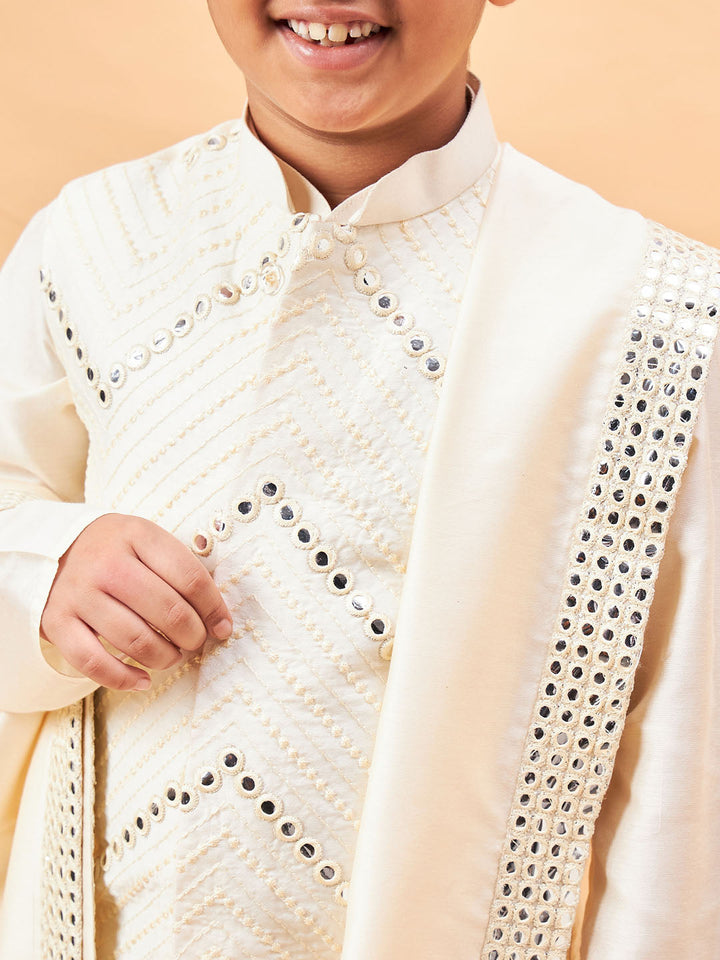 VASTRAMAY Boy's Cream Mirror Work Jacket And Solid Kurta Pyjama Set With Ethnic Dupatta