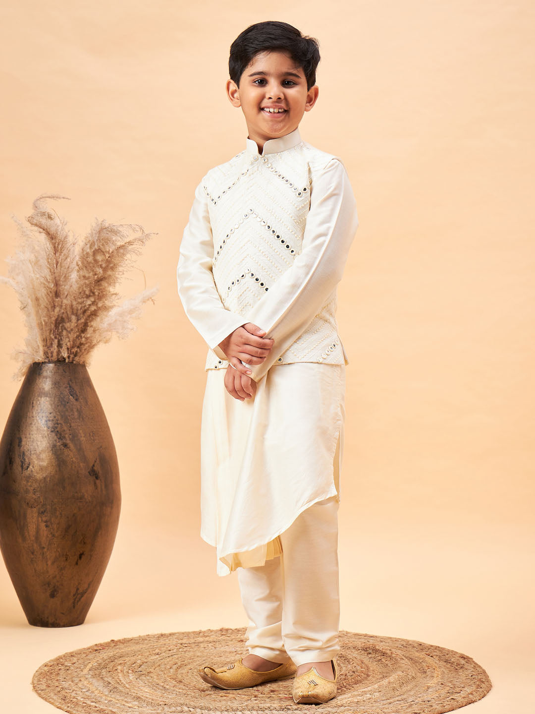 VASTRAMAY Boy's Cream Mirror Work Jacket And Pleated Kurta Pyjama Set