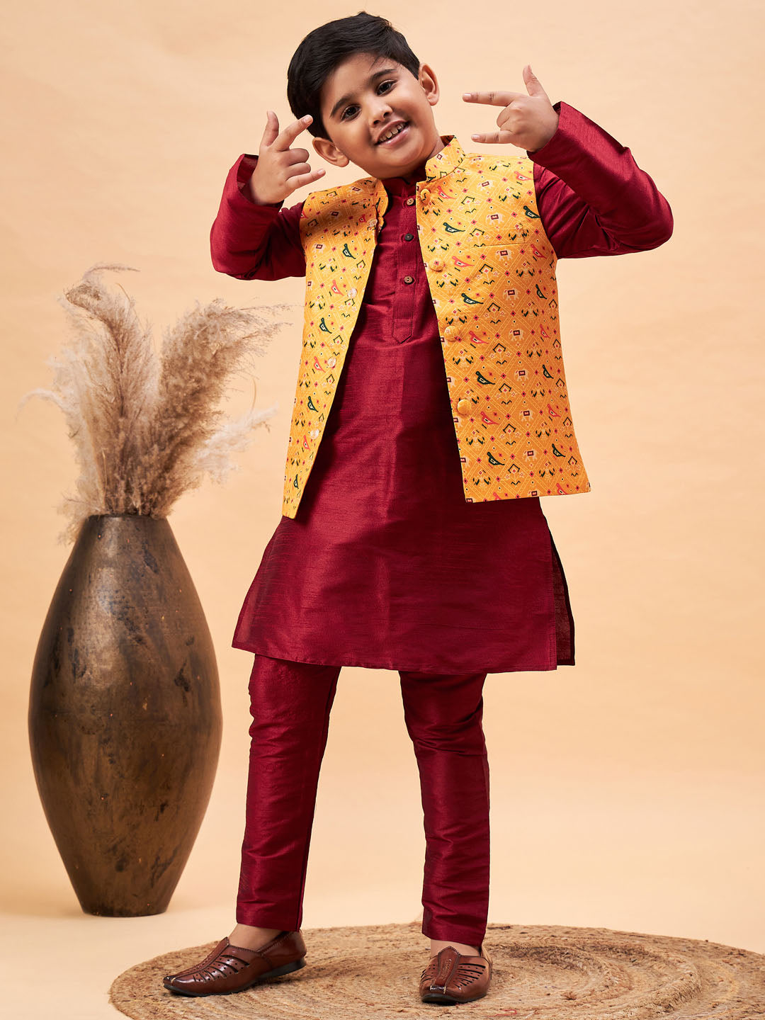 VASTRAMAY Boy's Yellow Ethnic Printed Jacket With Maroon Kurta and Pyjama Set - qivii