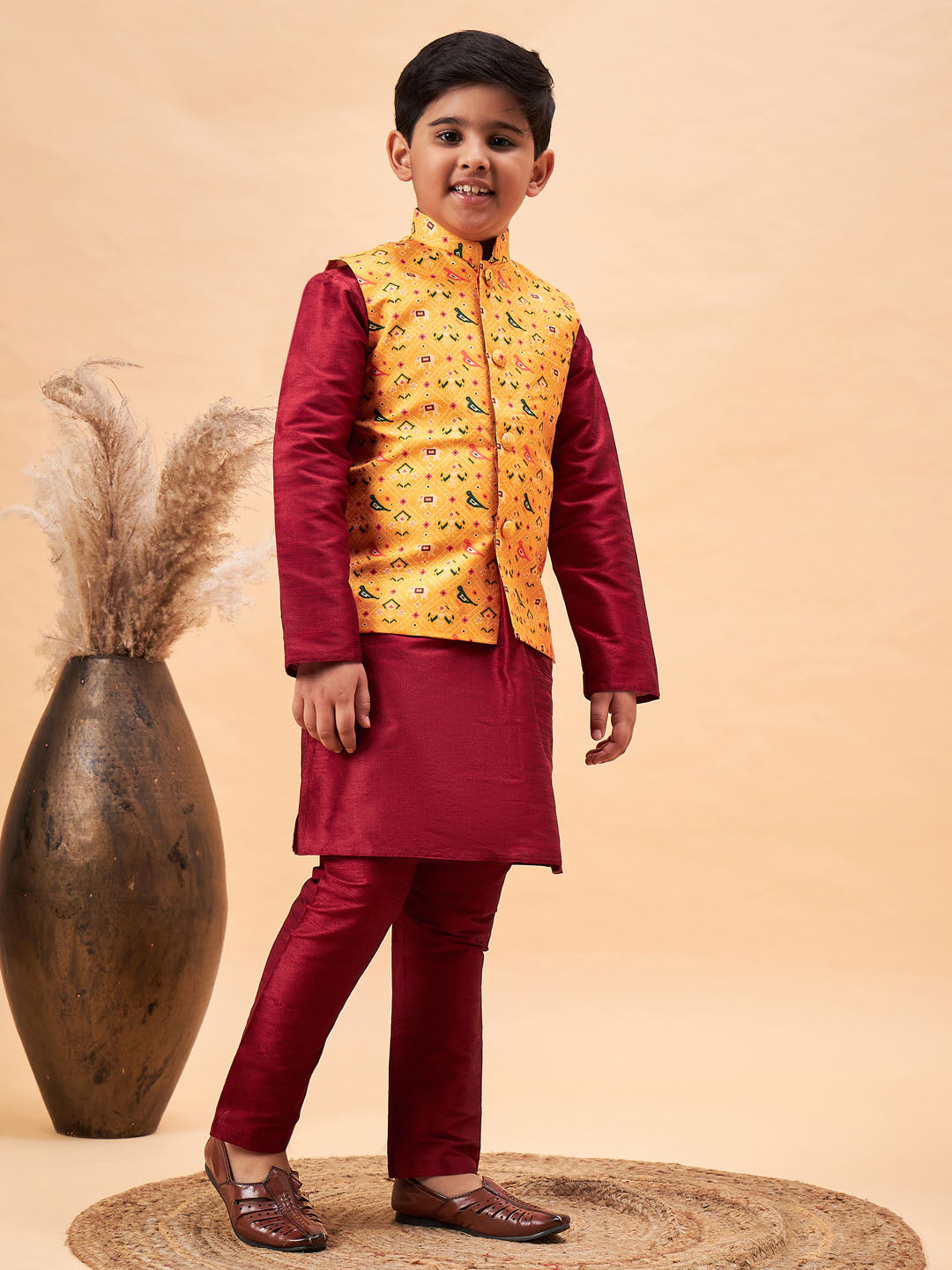VASTRAMAY Boy's Yellow Ethnic Printed Jacket With Maroon Kurta and Pyjama Set - qivii