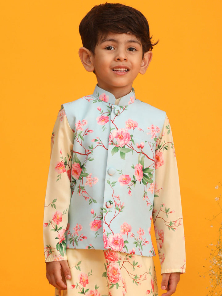 VASTRAMAY Boys Aqua Blue Floral Printed Nehru Jacket