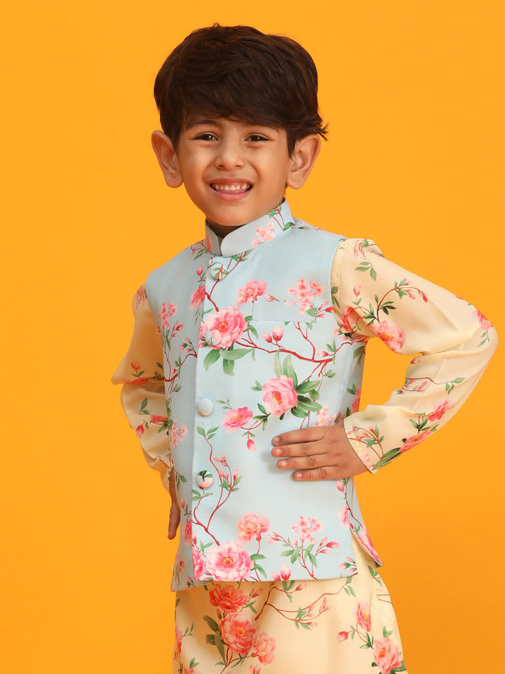 VASTRAMAY Boys Aqua Blue Floral Printed Nehru Jacket