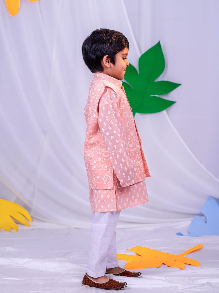 VASTRAMAY Boys' Peach And White Jacket, Kurta and Pyjama Set