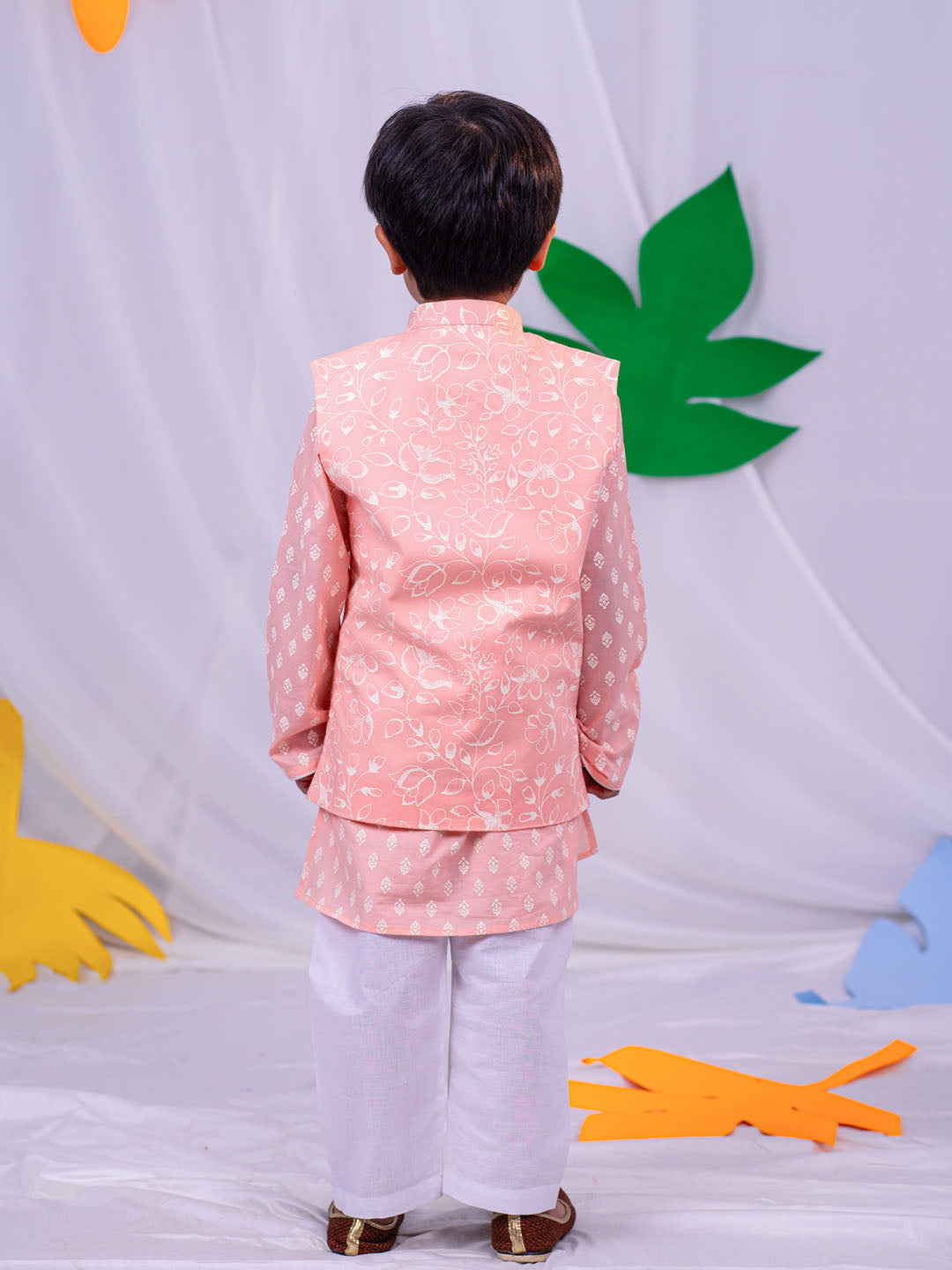 VASTRAMAY Boys' Peach And White Jacket, Kurta and Pyjama Set