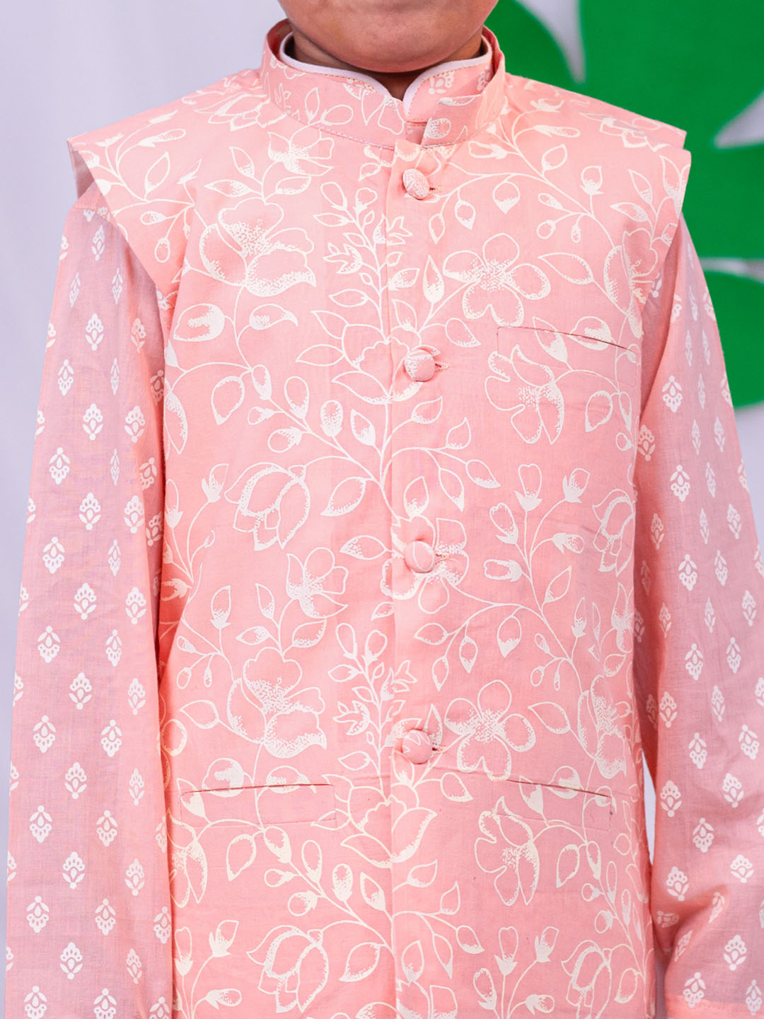 VASTRAMAY Boys' Peach And White Jacket, Kurta and Pyjama Set