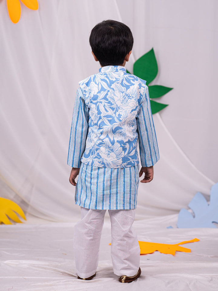 VASTRAMAY Boys' Blue Jacket, Kurta and Pyjama Set