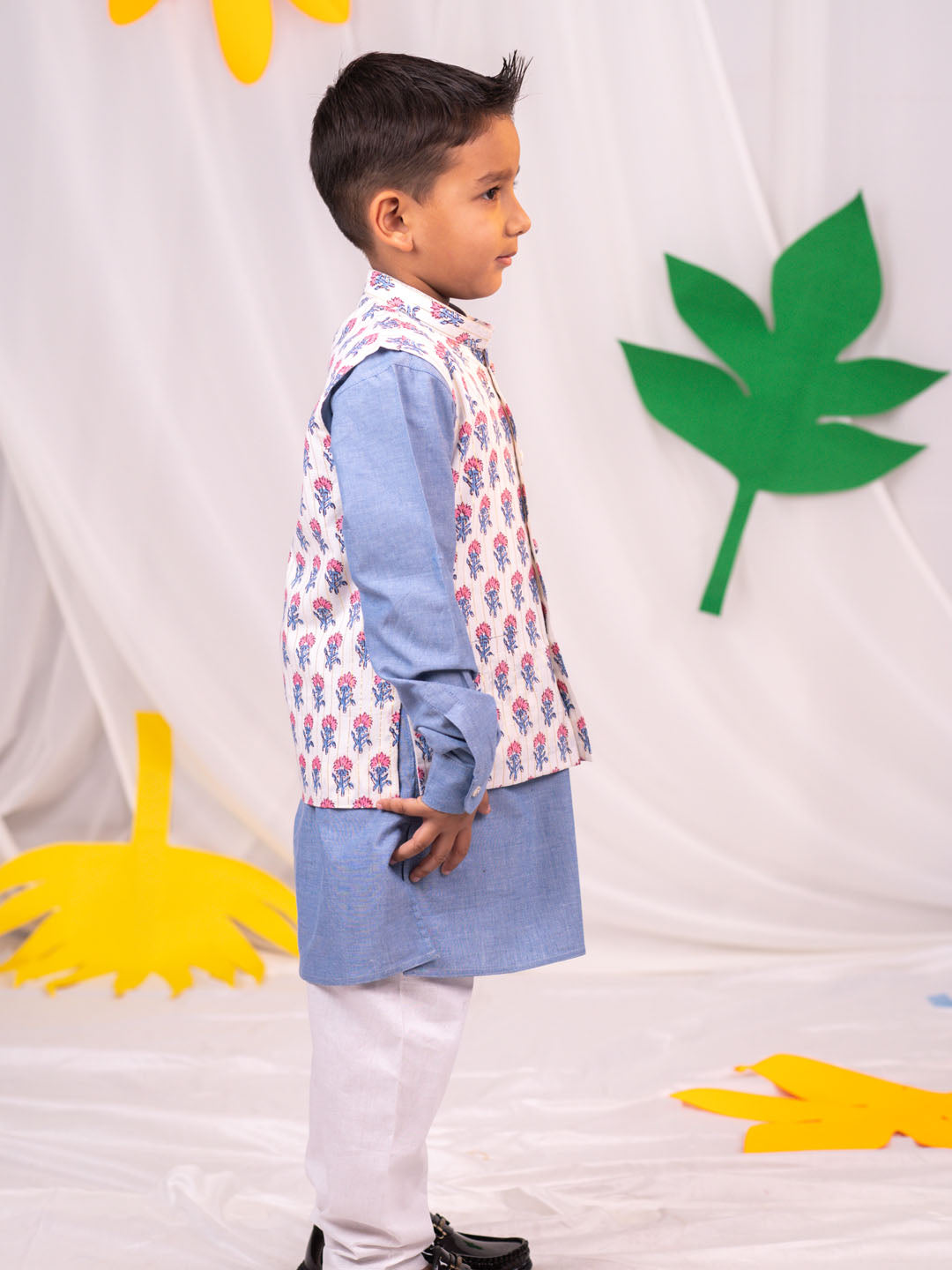 VASTRAMAY Boys' Gray And White Jacket, Kurta and Pyjama Set