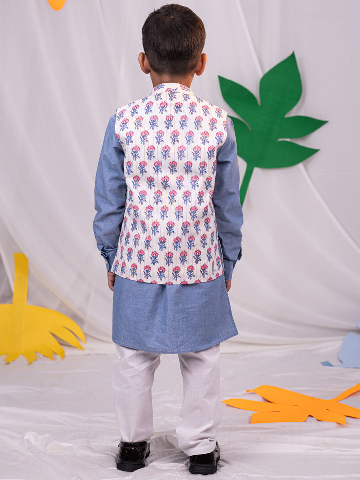 VASTRAMAY Boy's Beige Printed Jacket With Grey Kurta Pyjama Set