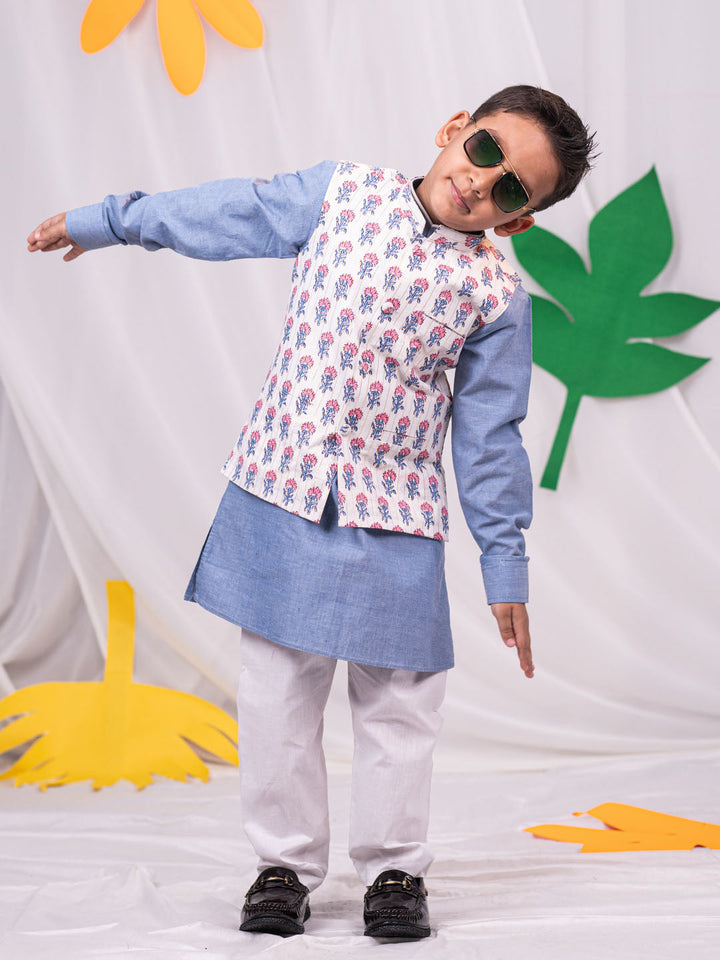 VASTRAMAY Boys' Gray And White Jacket, Kurta and Pyjama Set