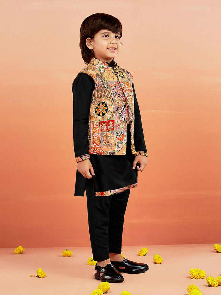 VASTRAMAY Boys' Black Jacket,Kurta And Pyjama Set.