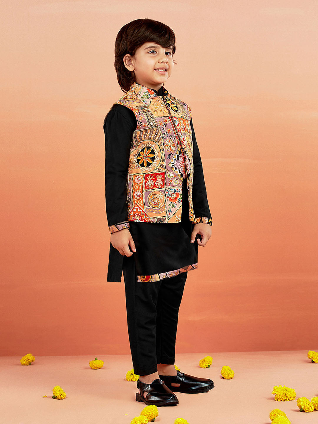 VASTRAMAY Boys' Black Jacket,Kurta And Pyjama Set.