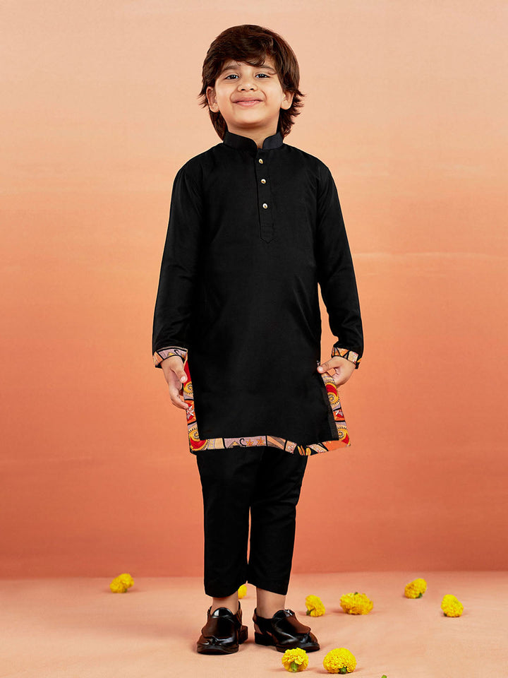 VASTRAMAY Boys' Black Jacket,Kurta And Pyjama Set.