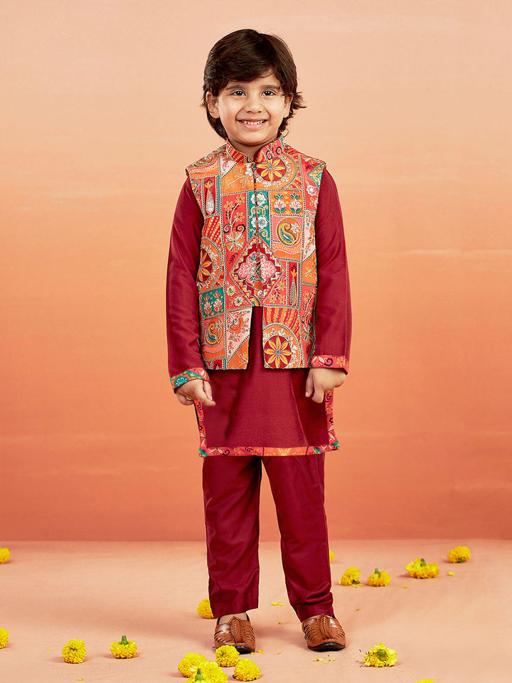 VASTRAMAY Boys' Maroon Jacket,Kurta And Pyjama Set.