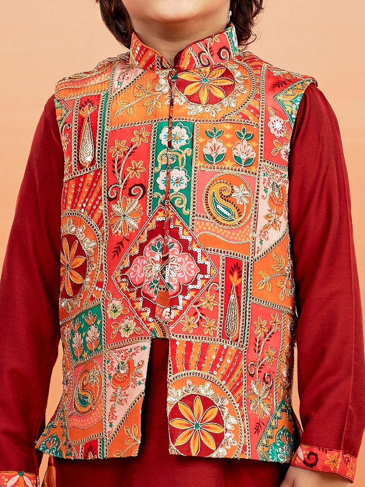 VASTRAMAY Boys' Maroon Jacket,Kurta And Pyjama Set.