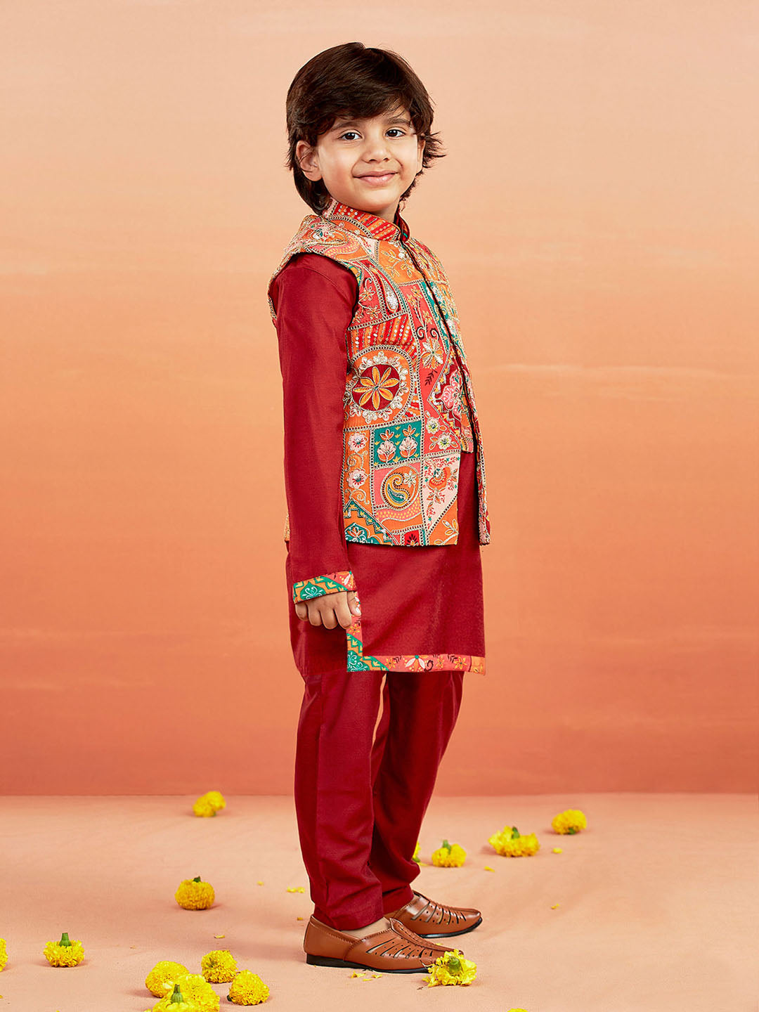 VASTRAMAY Boys' Maroon Jacket,Kurta And Pyjama Set.