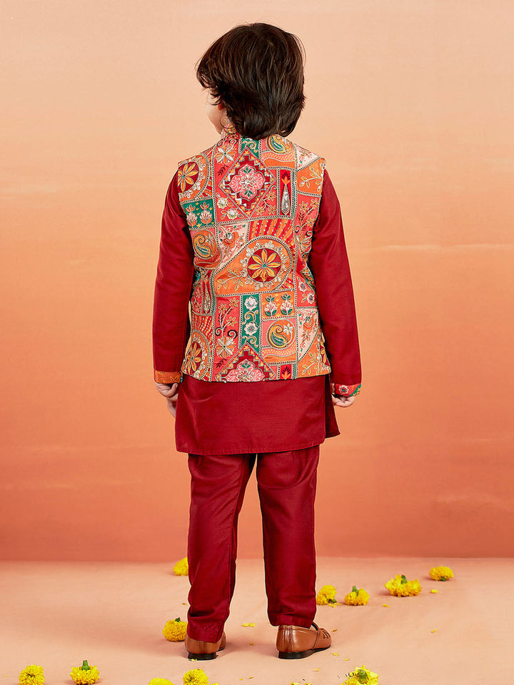 VASTRAMAY Boys' Maroon Jacket,Kurta And Pyjama Set.