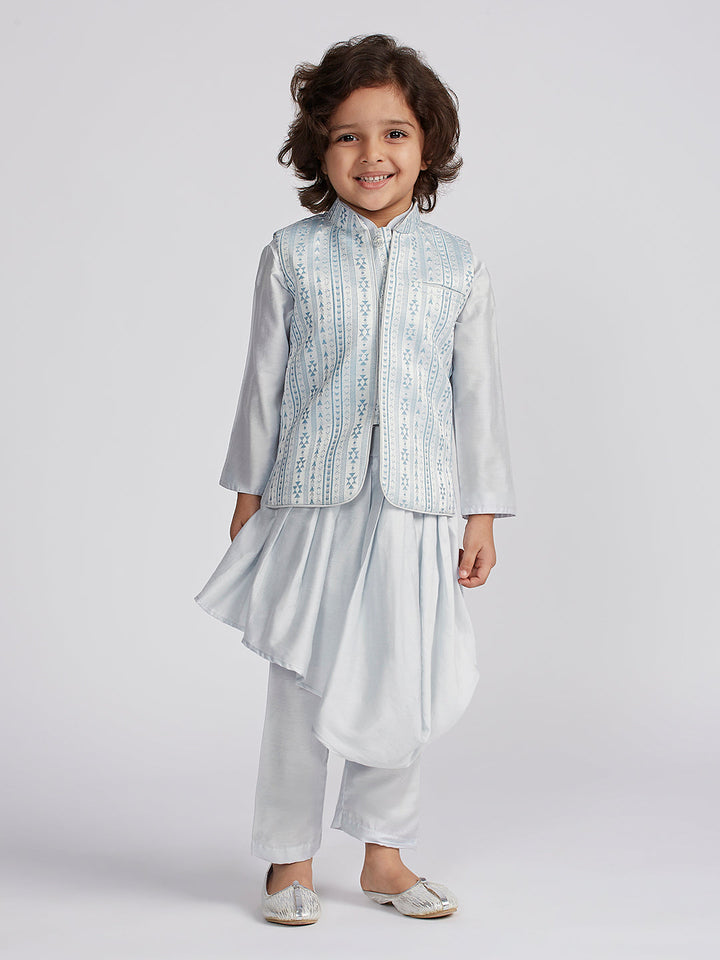 VASTRAMAY Boys' Aqua Jacket,Kurta And Pyjama Set.