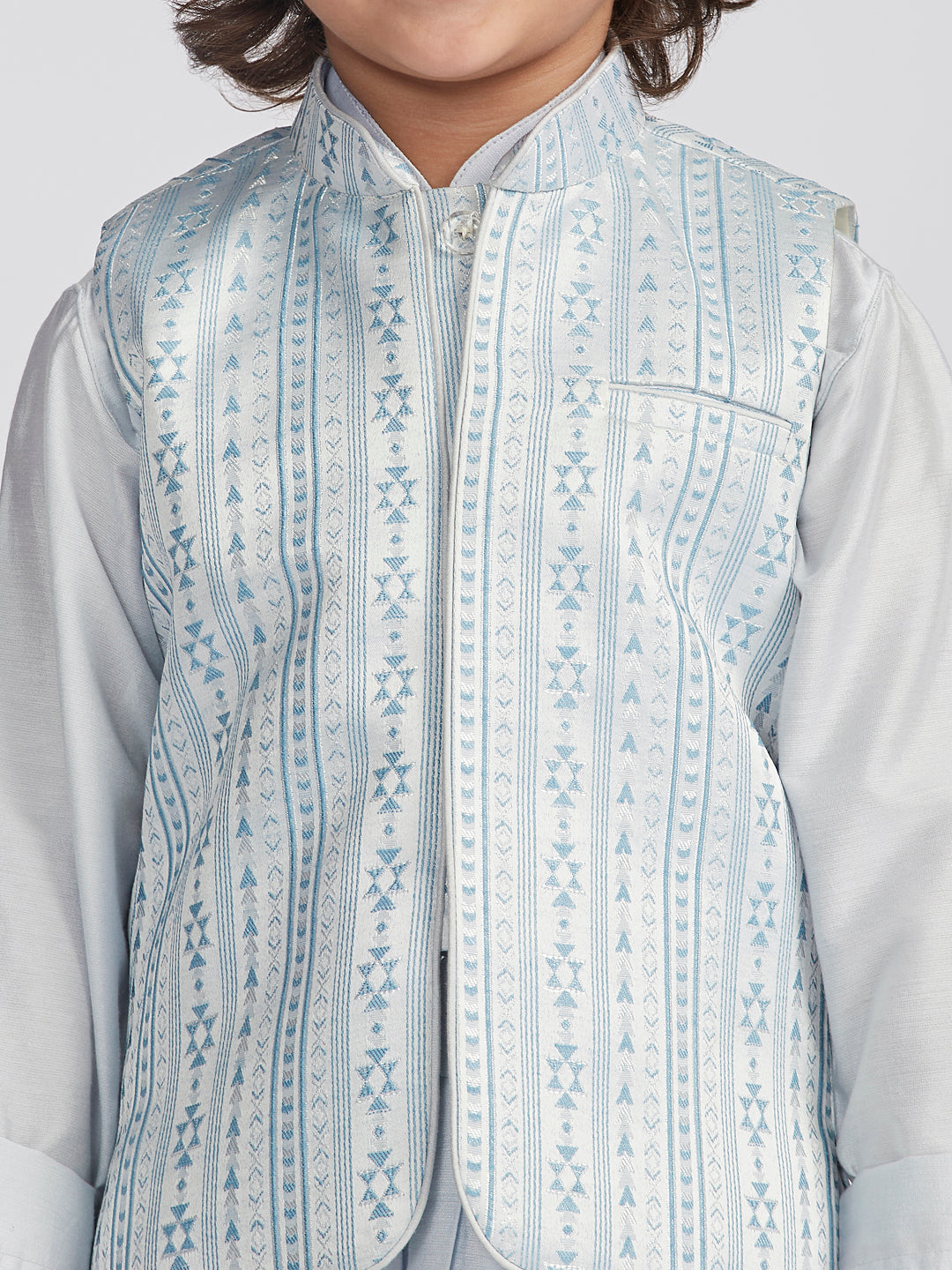 VASTRAMAY Boys' Aqua Jacket,Kurta And Pyjama Set.