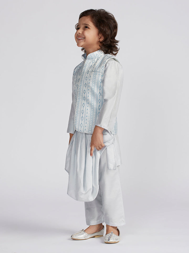 VASTRAMAY Boys' Aqua Jacket,Kurta And Pyjama Set.