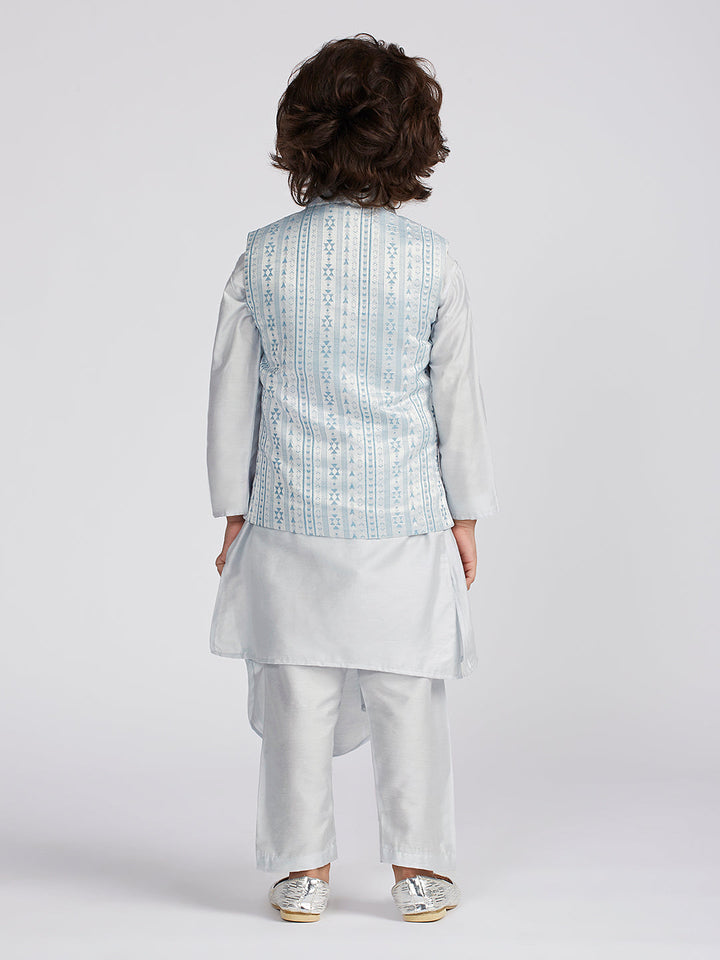 VASTRAMAY Boys' Aqua Jacket,Kurta And Pyjama Set.