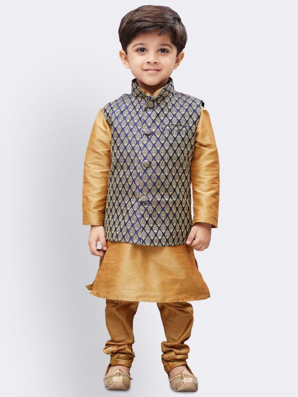 Vastramay Boys' Gold Silk Cotton Blend Kurta, Waistcoat and Pyjama Set