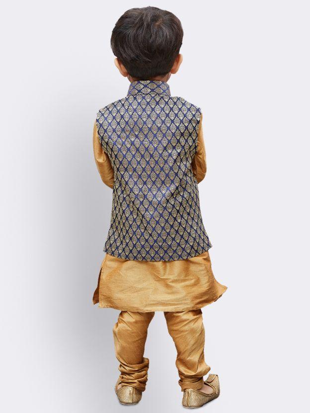 Vastramay Boys' Gold Silk Cotton Blend Kurta, Waistcoat and Pyjama Set