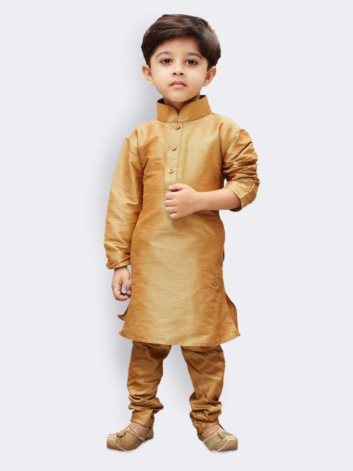 Vastramay Boys' Gold Silk Cotton Blend Kurta, Waistcoat and Pyjama Set