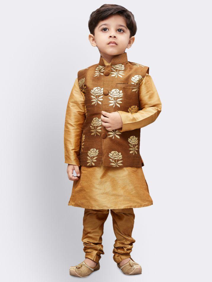 VASTRAMAY Boys' Gold Silk Cotton Blend Kurta, Waistcoat and Pyjama Set