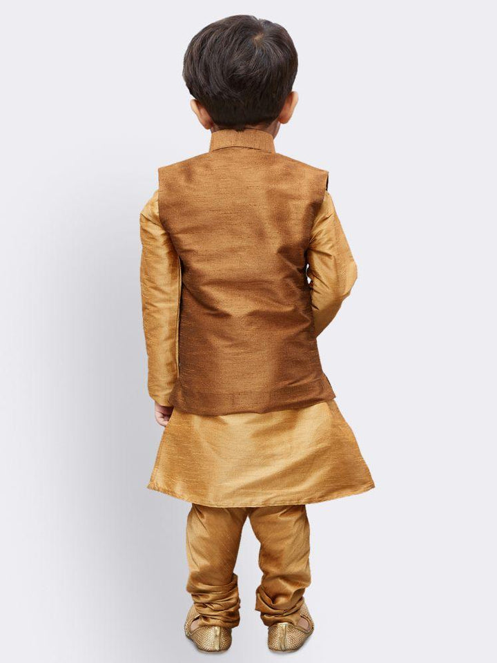 VASTRAMAY Boys' Gold Silk Cotton Blend Kurta, Waistcoat and Pyjama Set