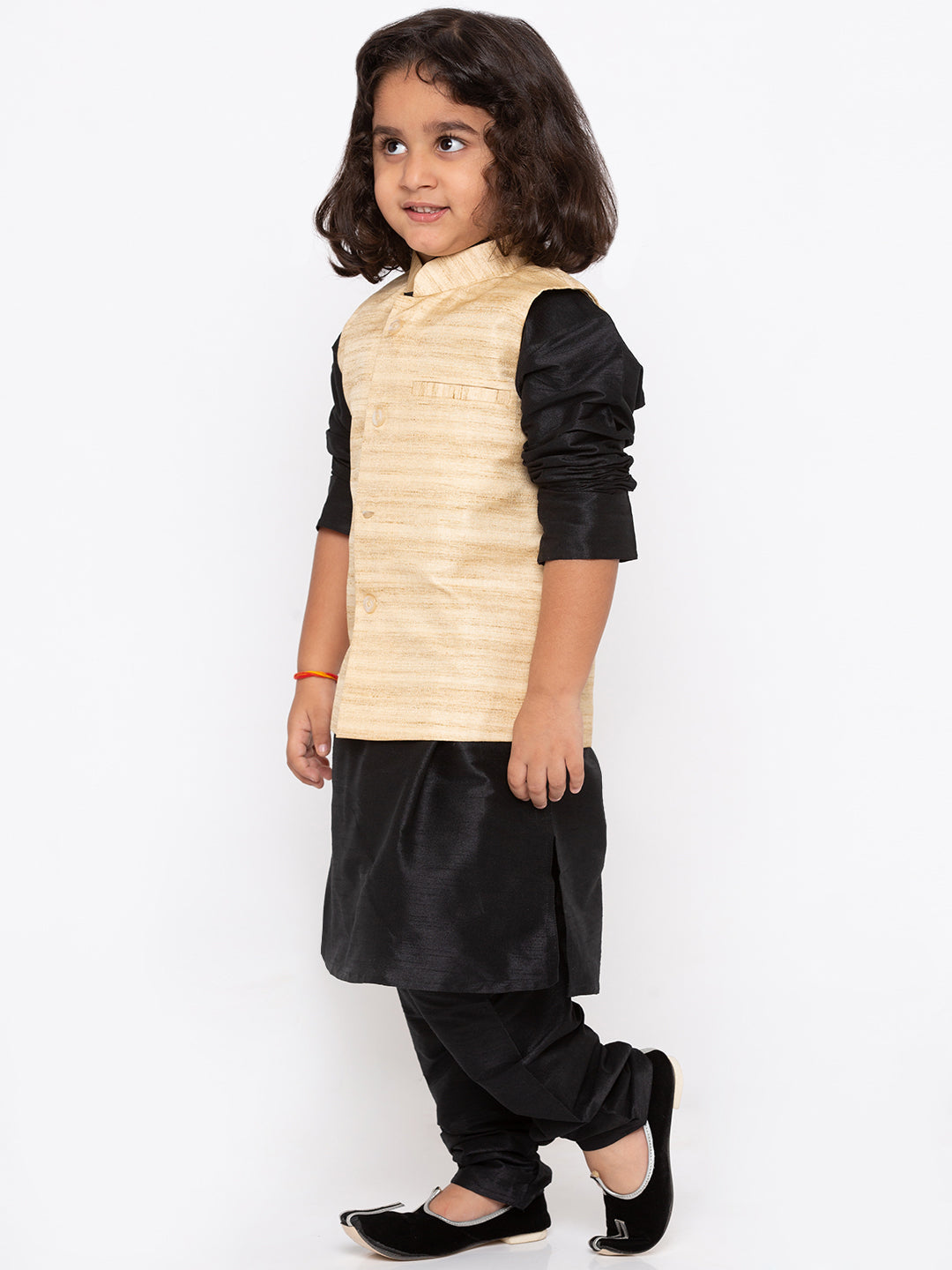 Boys' White Cotton Silk Kurta, Jacket and Pyjama Set