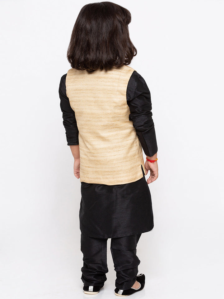 Boys' White Cotton Silk Kurta, Jacket and Pyjama Set