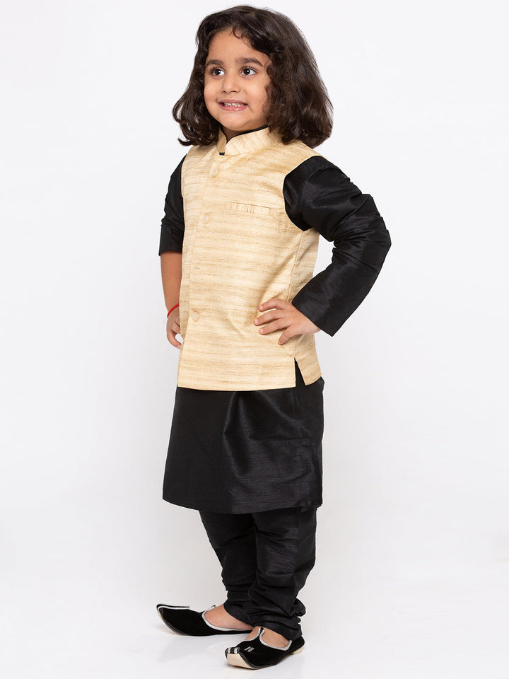 Boys' White Cotton Silk Kurta, Jacket and Pyjama Set