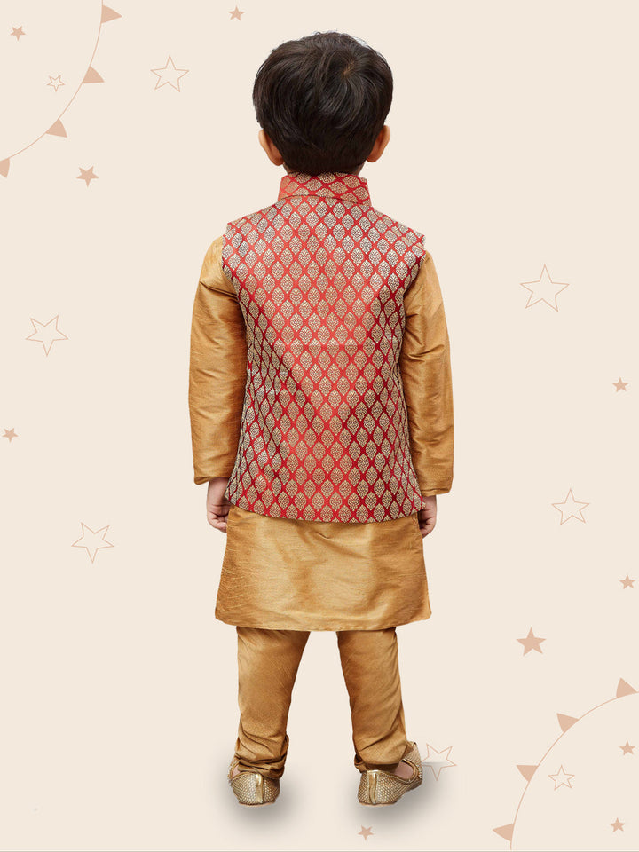 VASTRAMAY Silk Blend Maroon and Gold Baap Beta Jacket Kurta Pyjama Set