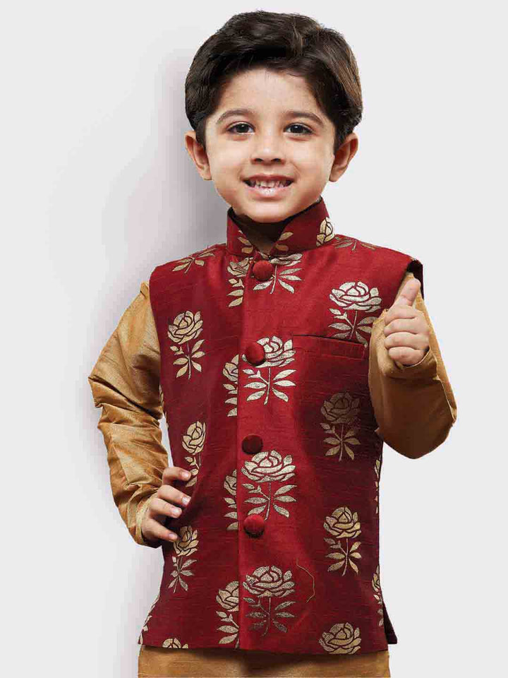 VASTRAMAY Boys' Maroon Silk Blend Nehru Jackets