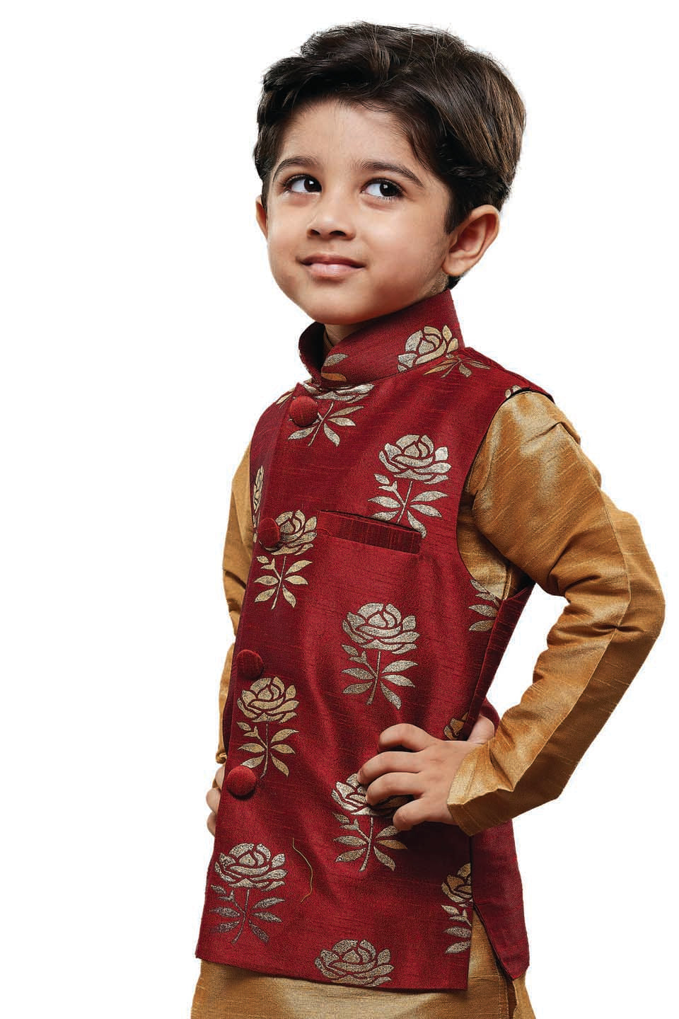 VASTRAMAY Boys' Maroon Silk Blend Nehru Jackets