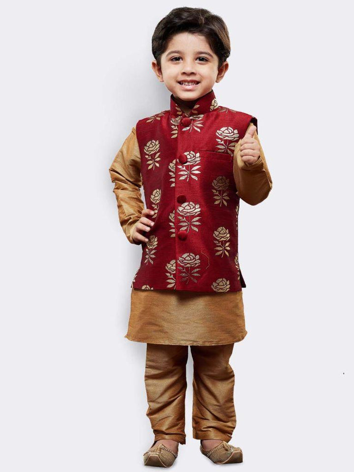 VASTRAMAY Boys' Gold Silk Cotton Blend Kurta, Waistcoat and Pyjama Set