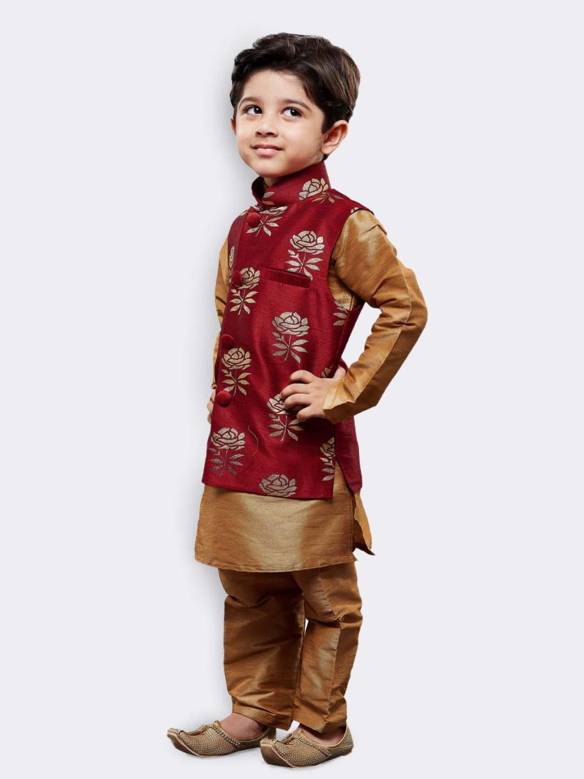 VASTRAMAY Boys' Gold Silk Cotton Blend Kurta, Waistcoat and Pyjama Set